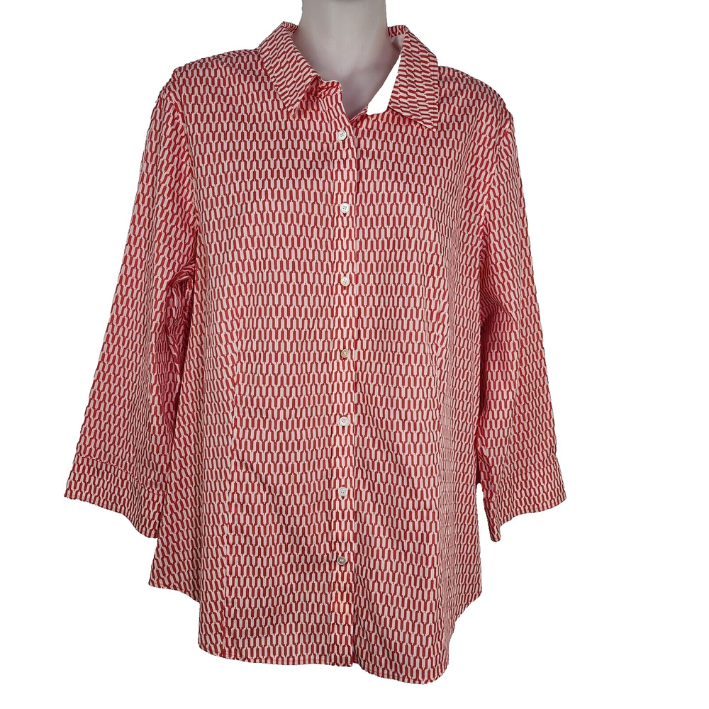 Talbots Women Shirt 16 Red Geometric Wrinkle Resistant 3/4 Sleeve Button Stretch
